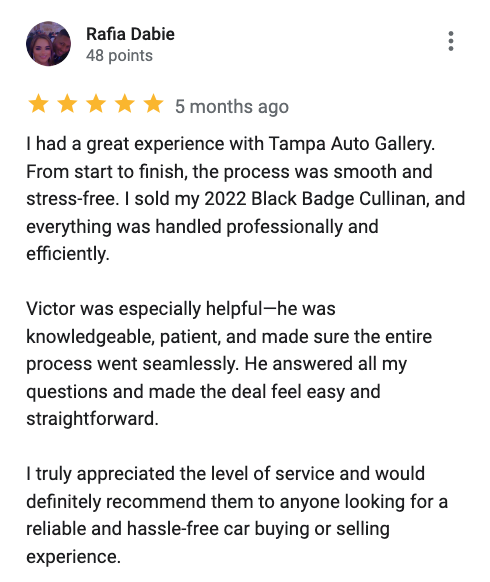 Google review of Tampa Auto Gallery