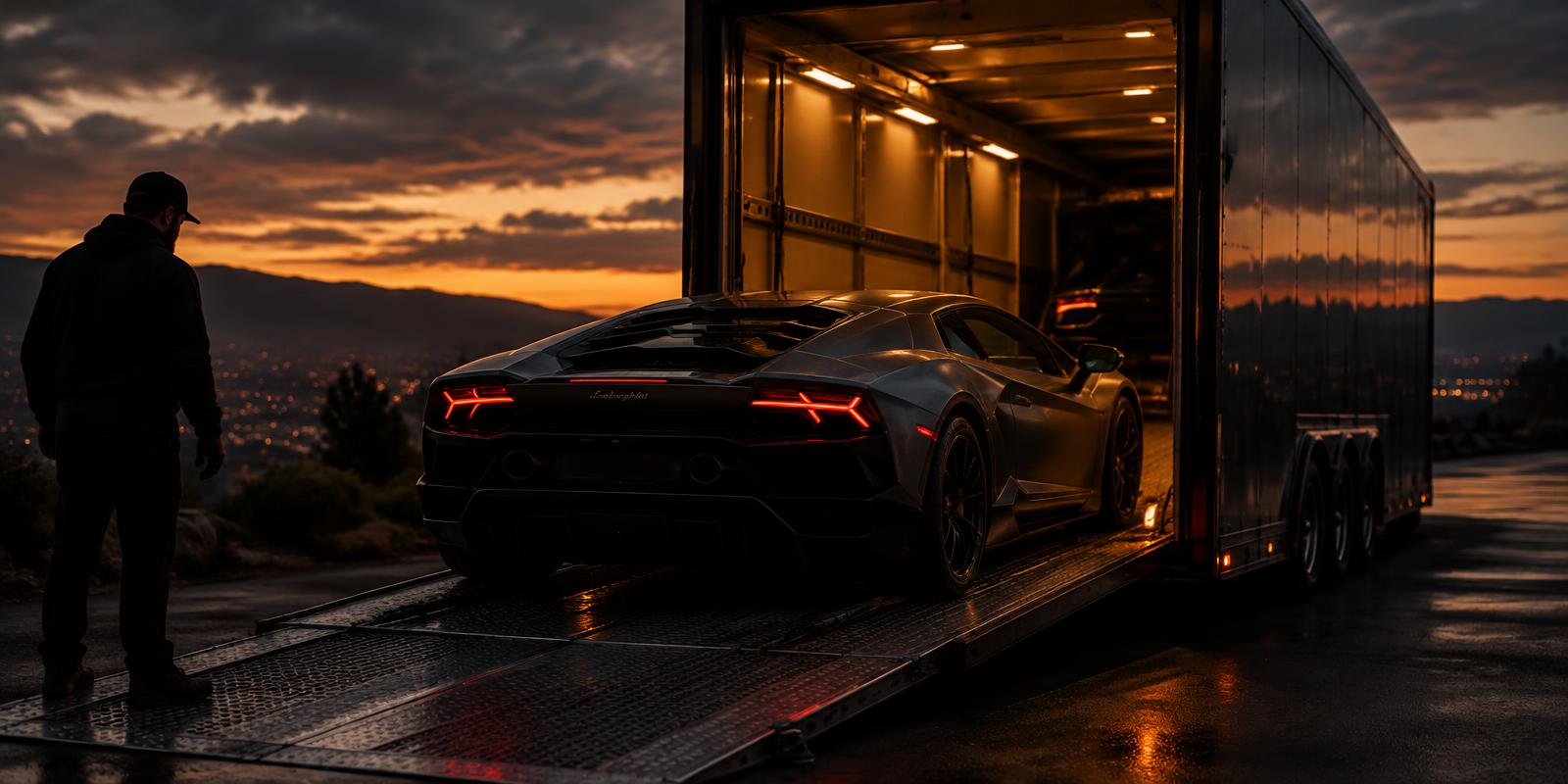 Exotic car loaded into enclosed transport